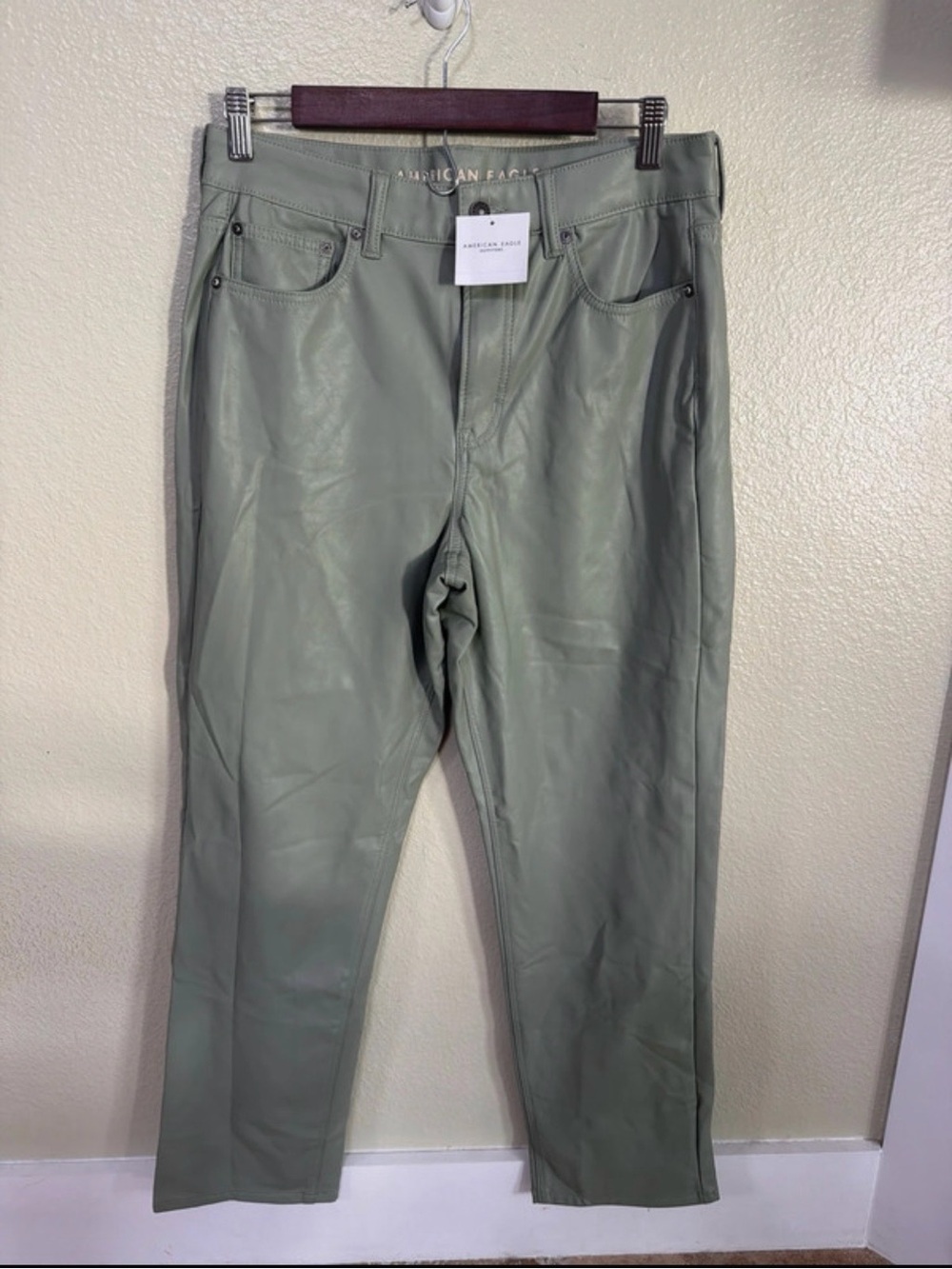 American Eagle Outfitters Straight Faux Leather Pants in Sage Green